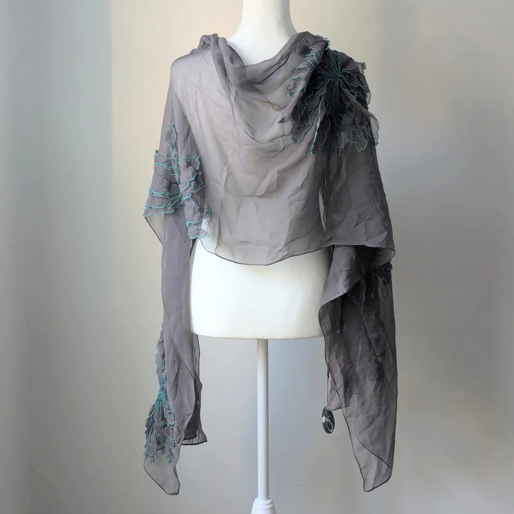 NWT BAYAA Gray Turquoise Silk Organza 3D Floral Evening Wrap Shawl Scarf